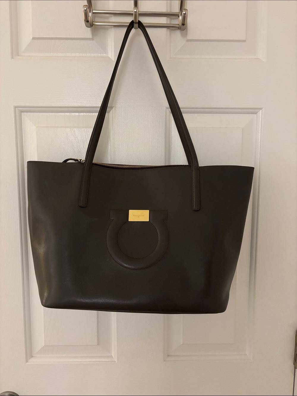 Salvatore Ferragamo Dark Brown  Leather Tote with Gold Plaque attached wallet/